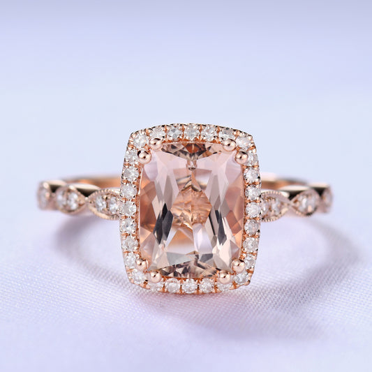 2 Carat Cushion Cut Natural Morganite Wedding Ring Diamond Halo Ring Pink Gold Diamond Wedding Band