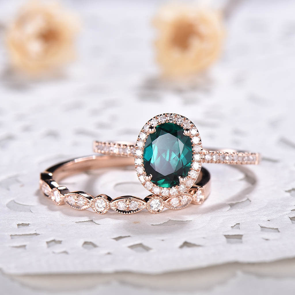 1.2 Carat Oval Emerald Diamond Halo Engagement Ring Set Marquise Design