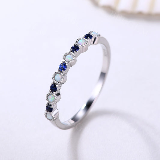 Dainty Round Cut Opal Sapphire Wedding Band Milgrain Band Rose Gold