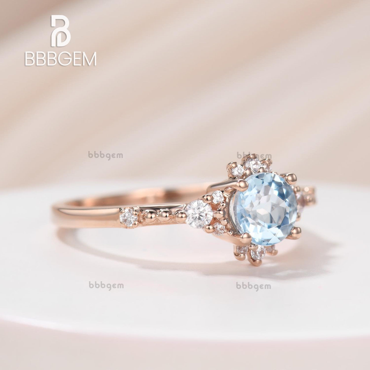 18K Rose Gold 5mm Round Aquamarine Moissanite Engagement Ring Beaded Decor Three Stone