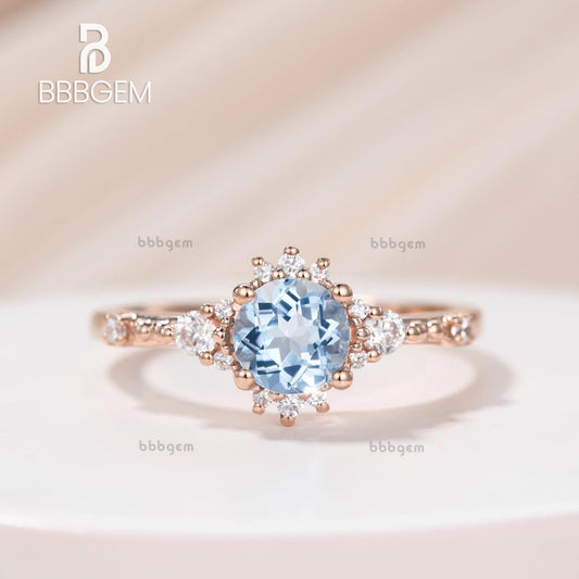 18K Rose Gold 5mm Round Aquamarine Moissanite Engagement Ring Beaded Decor Three Stone