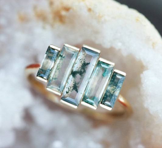 Daphne Moss Agate Baguette Ring