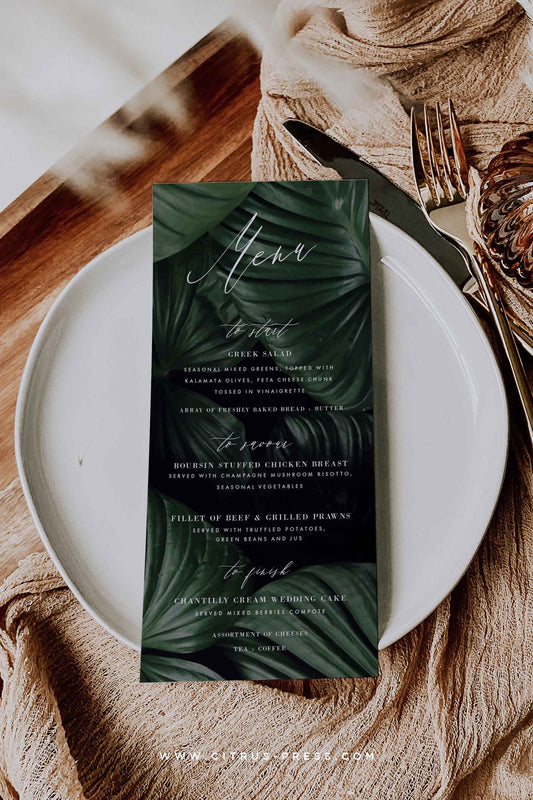 Dark Moody Palm Leaf Wedding Reception Menu Diy Printable Template