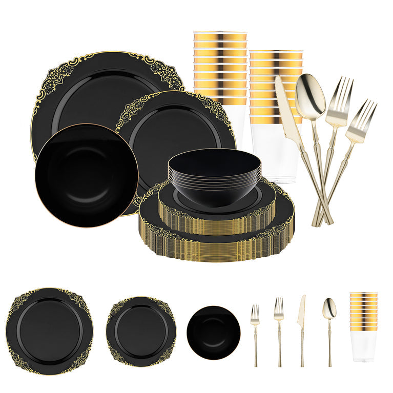 Black with Gold Fancy Round Disposable Plastic Tableware Set