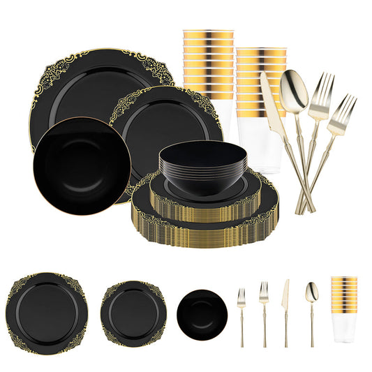 Black with Gold Fancy Round Disposable Plastic Tableware Set