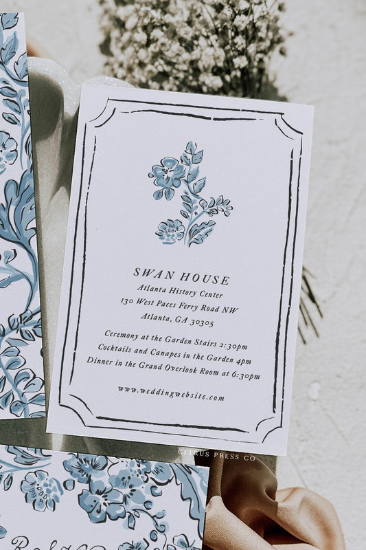 Doodle Blue Floral Wedding Invitation Enclosure Card | Catherine