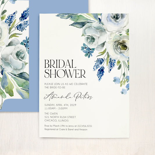 Dusty Blue & White Rose Bridal Shower Invitations
