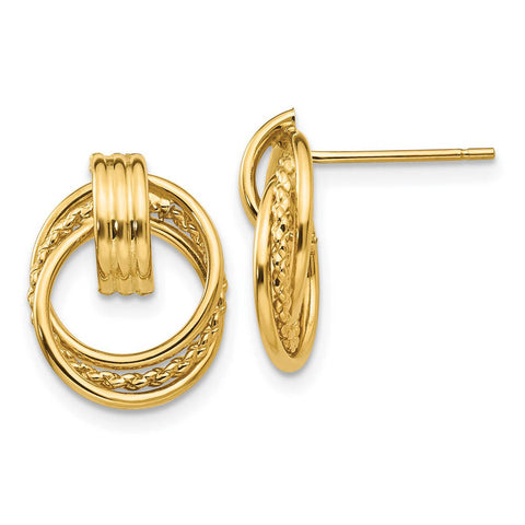 Polished and Twisted Circle Post Earrings in 14k Yellow Gold