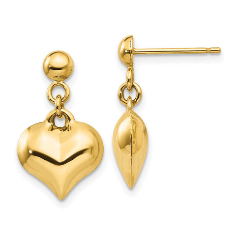 1Puffed Heart Dangle Post Earrings in 14k Yellow Gold