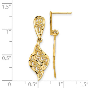 Diamond Cut Filigree Swirl Dangle Post Earrings in 14k Yellow Gold