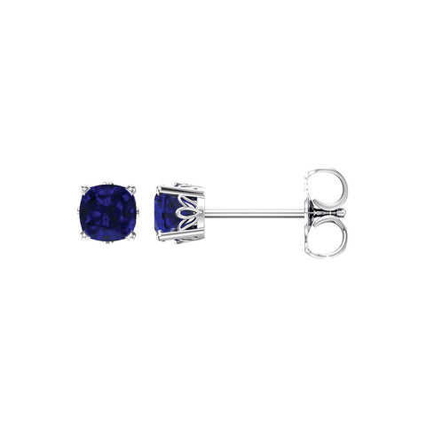 14k White Gold Stud Earrings with Cushion Created Blue Sapphires