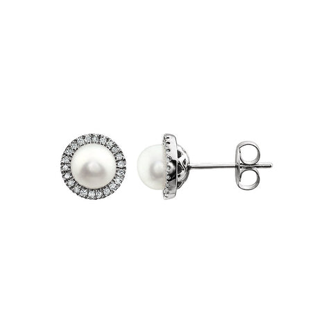 Halo Style FW Cultured Pearl & Diamond Earrings in 14k White Gold