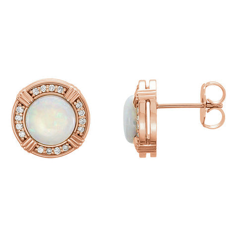 114k Rose Gold White Opal & 1/6 CTW (GH, I1) Diamond Stud Earrings