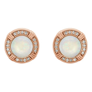 114k Rose Gold White Opal & 1/6 CTW (GH, I1) Diamond Stud Earrings