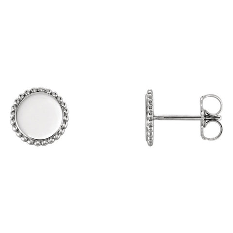 (5/16 Inch) 14k White Gold Engravable Beaded Edge Circle Earrings