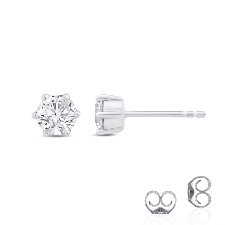 Lab Grown White Gold Six Prong Diamond Stud Earrings