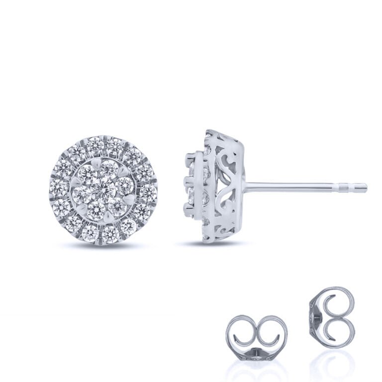 Round Cluster White Gold Halo Diamond Stud Earrings