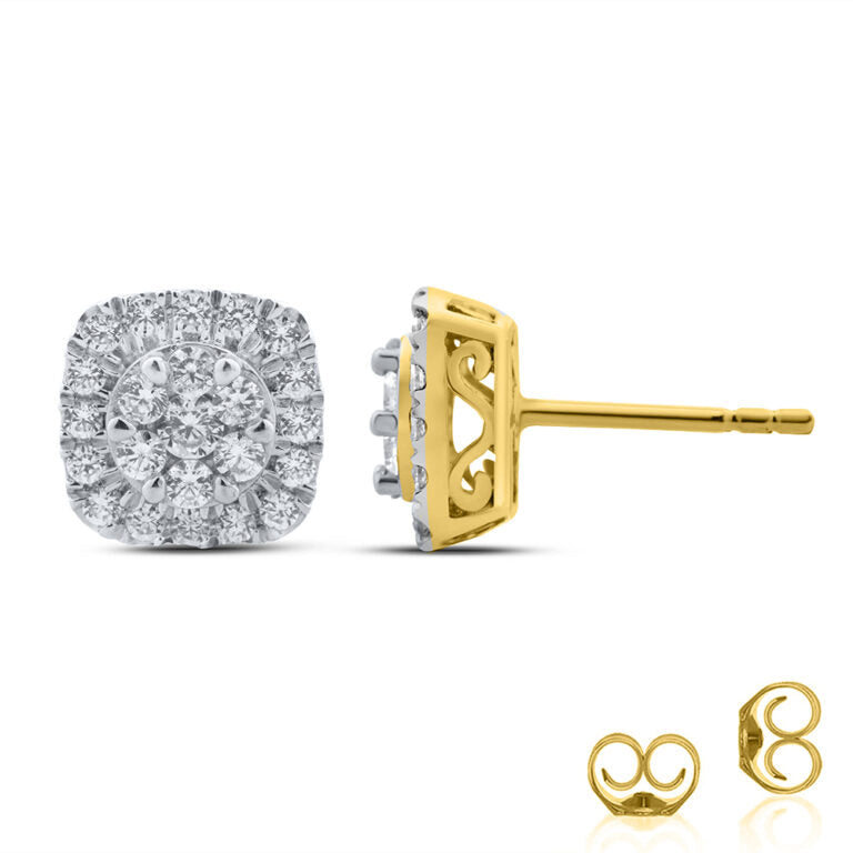 Cushion Shaped Yellow Gold Cluster Diamond Earring