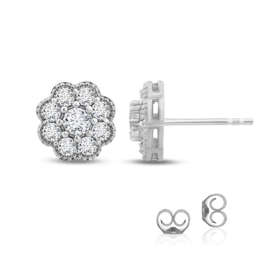 Lab Grown Floral Milgrain Diamond Stud White Gold Earrings