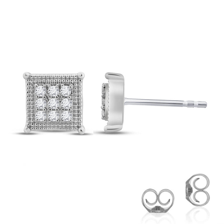 Lab Grown White Gold Square Shaped Milgrain Diamond Stud Earrings