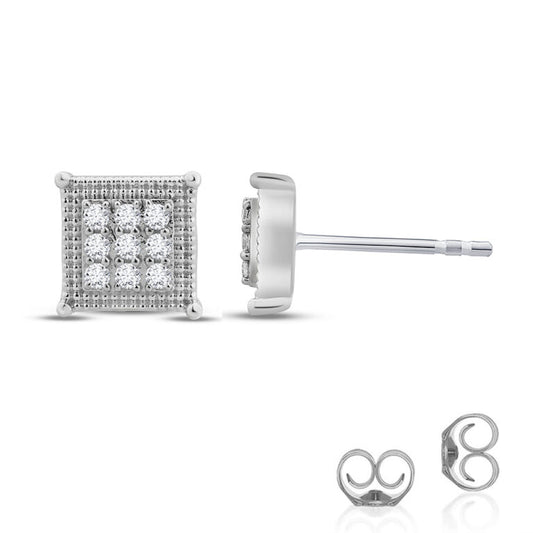 Lab Grown White Gold Square Shaped Milgrain Diamond Stud Earrings