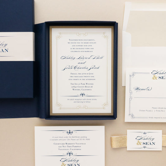 Boxed Elegant Navy Script Wedding Invitations