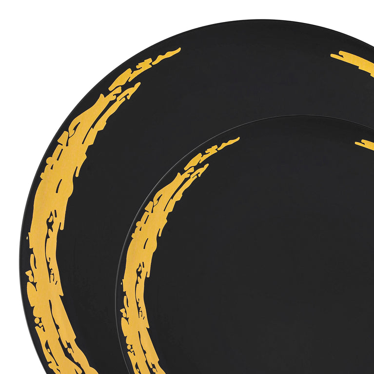 Black with Gold Moonlight Round Disposable Plastic Dinnerware Value Set