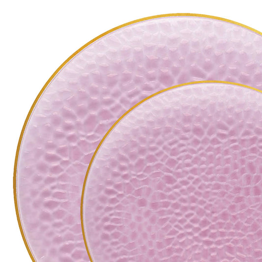 Clear Pink with Gold Rim Hammered Glass Disposable Plastic Dinnerware Value Set