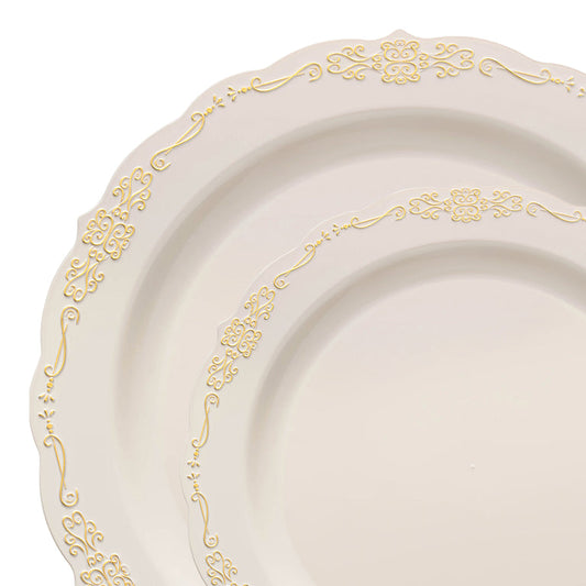 Ivory with Gold Vintage Rim Round Disposable Plastic Dinnerware Value Set