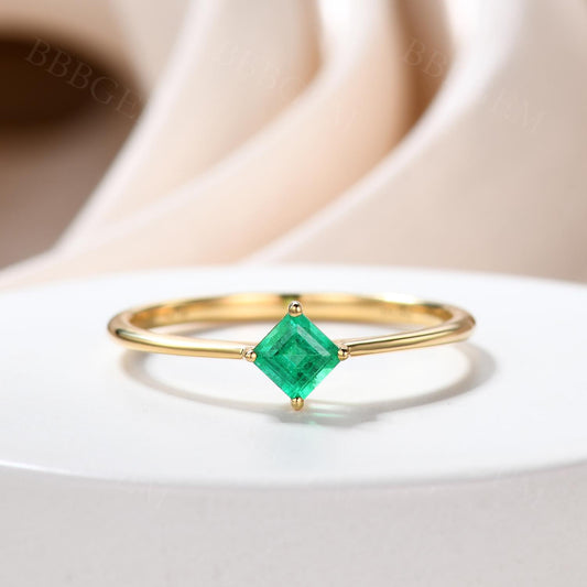 3.5mm Square Princess Cut Natural Emerald Dainty Ring Solitaire Style Thin Band 18K Yellow Gold 0.28ct