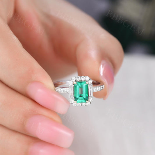Emerald Cut Natural Emerald Engagement Ring Diamond Halo Baguette Diamond Pave Band 18K White Gold