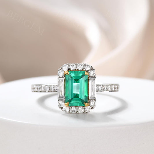Emerald Cut Natural Emerald Engagement Ring Diamond Halo Baguette Diamond Pave Band 18K White Gold