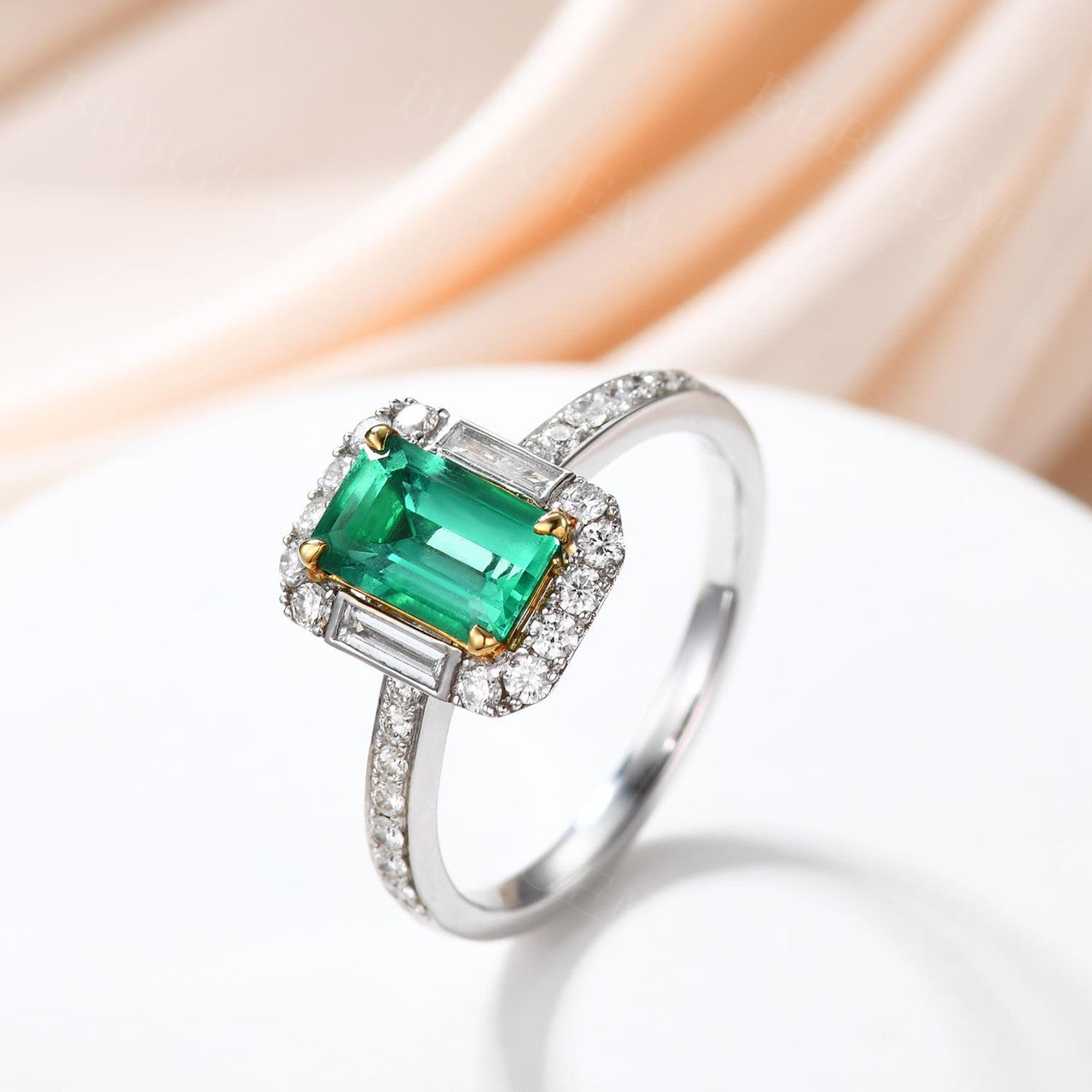 Emerald Cut Natural Emerald Engagement Ring Diamond Halo Baguette Diamond Pave Band 18K White Gold