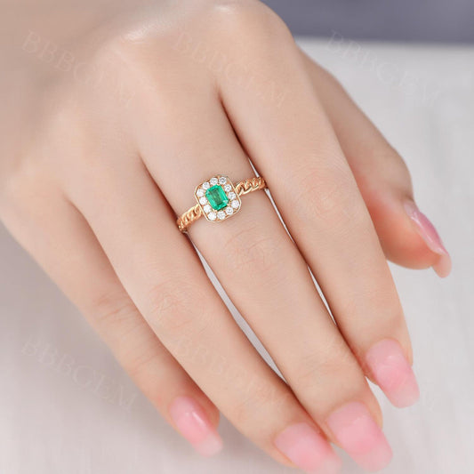 Emerald Cut Diamond Halo Natural Emerald Engagement Ring Bezel Set Chain Band Yellow Gold