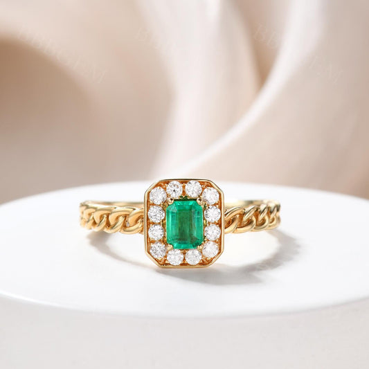 Emerald Cut Diamond Halo Natural Emerald Engagement Ring Bezel Set Chain Band Yellow Gold