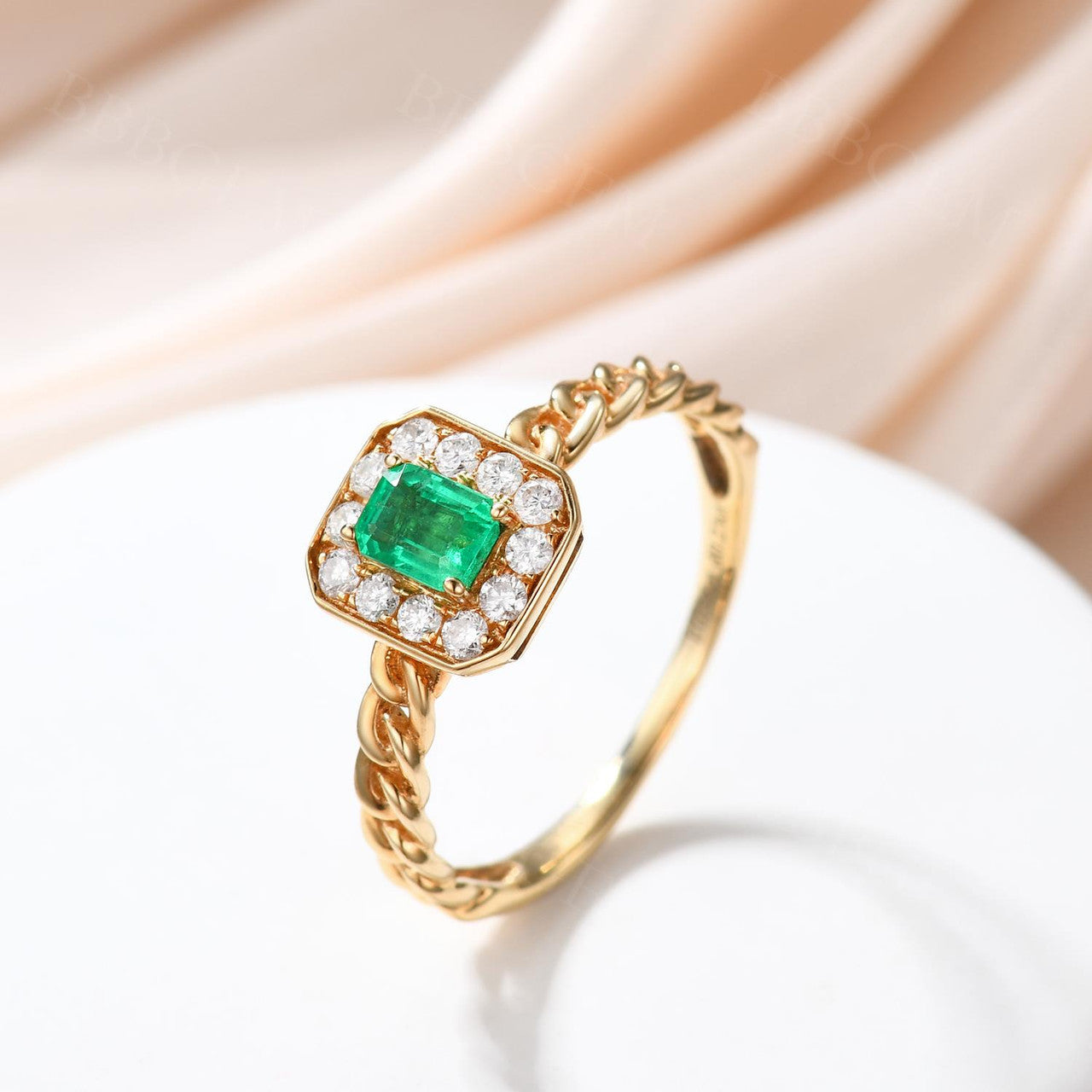 Emerald Cut Diamond Halo Natural Emerald Engagement Ring Bezel Set Chain Band Yellow Gold