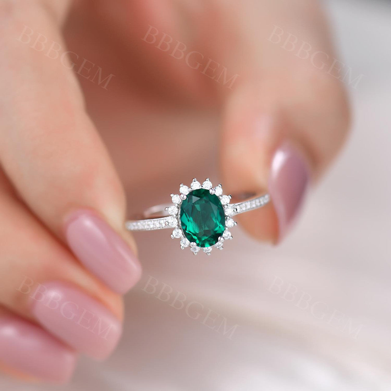 Emerald Engagement ring 6x8mm Oval Cut Vintage Emerald Ring White Gold CZ Wedding Ring