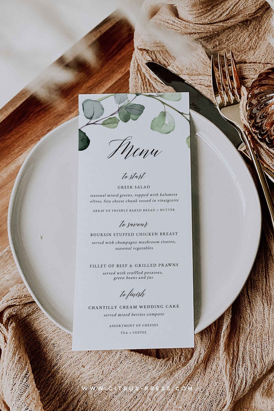 Eucalyptus Wedding Reception Menu Diy Printable Template
