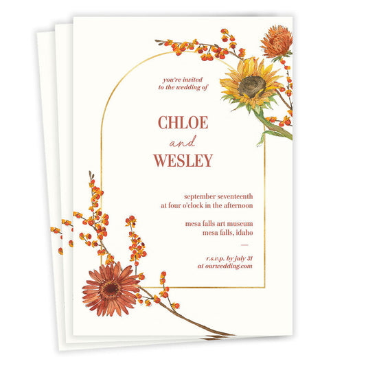 Fall Flowers and Gold Arch Wedding Invitation