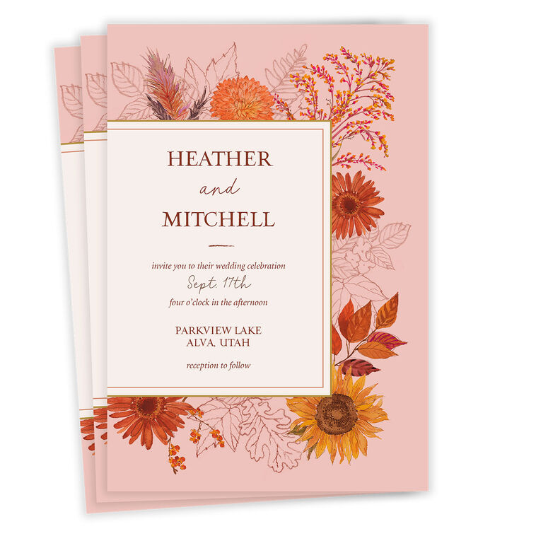 Fall Flowers on Rose Pink Wedding Invitation