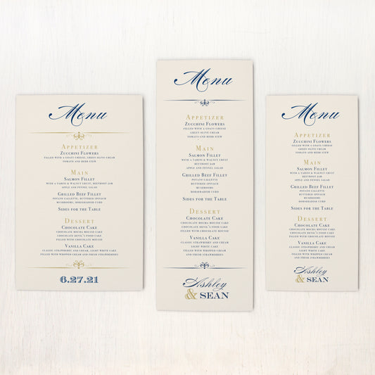 Elegant Navy Script Flat Menu Cards