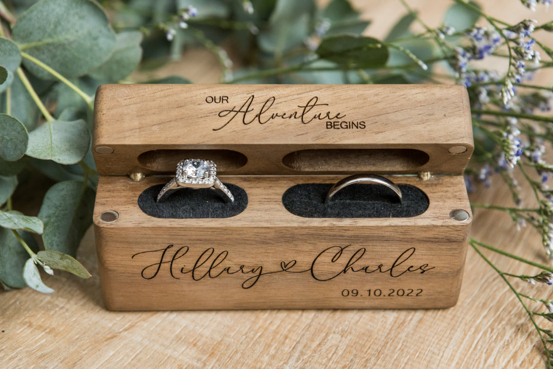 Personalized Slim Double Slot Wedding Ring Box. Engraved Flip Top Ring