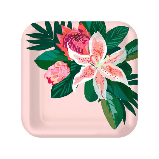 Lily Bouquet on Pink Square Dinner Plates, Set of 8