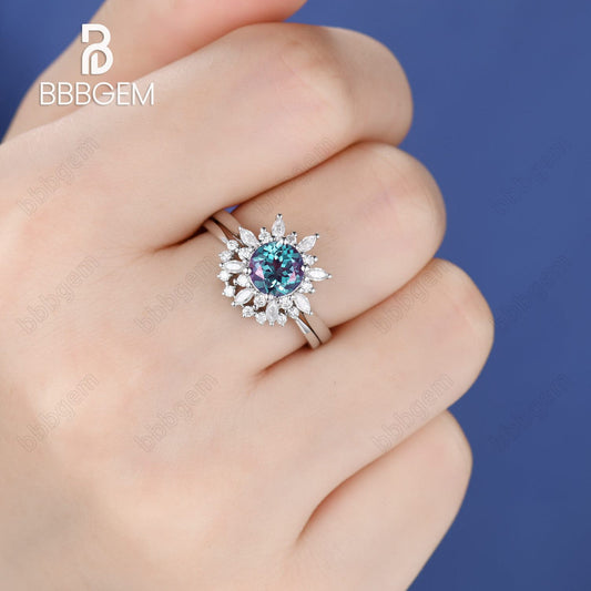 Floral Blue Round Alexandrite Engagement Ring Set 2pcs With Diamond or Moissanite