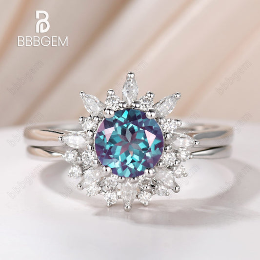 Floral Blue Round Alexandrite Engagement Ring Set 2pcs With Diamond or Moissanite