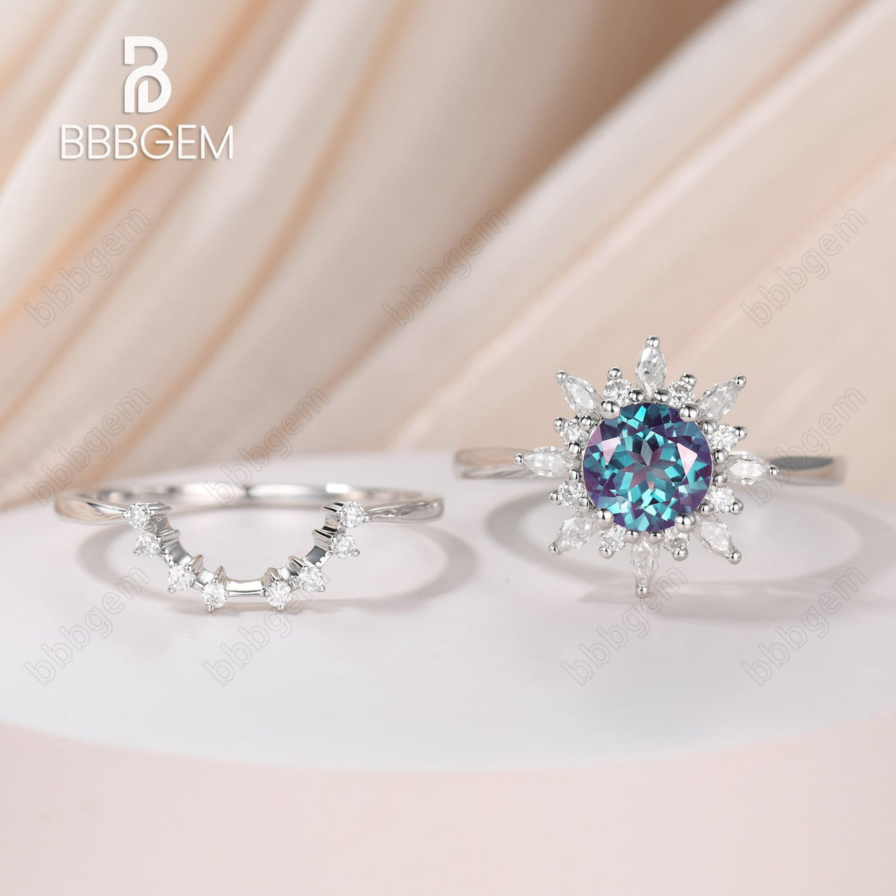 Floral Blue Round Alexandrite Engagement Ring Set 2pcs With Diamond or Moissanite