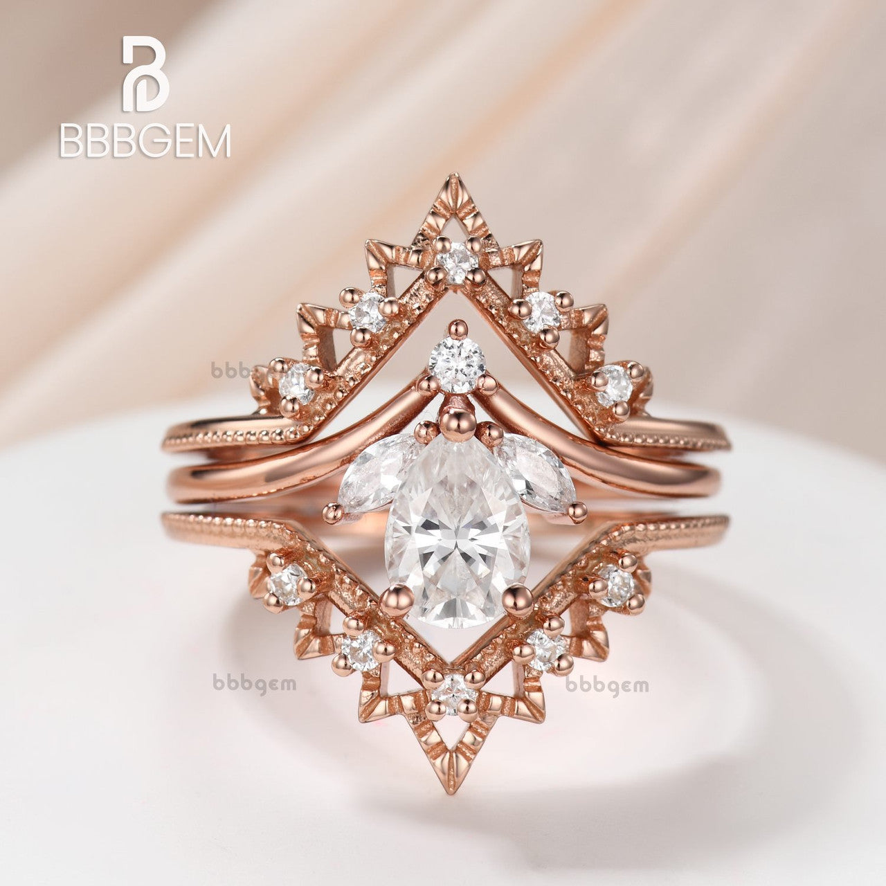 Floral Pear Cut Moissanite Engagement Ring Set 3 Pieces with V-Shaped Diamond Beaded Band in Rose Gold
