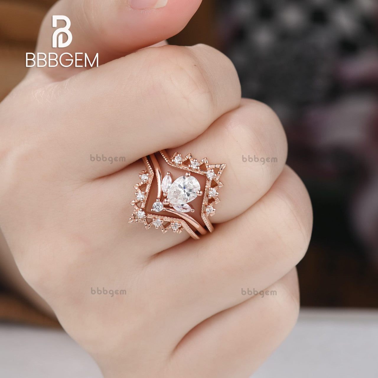 Floral Pear Cut Moissanite Engagement Ring Set 3 Pieces with V-Shaped Diamond Beaded Band in Rose Gold