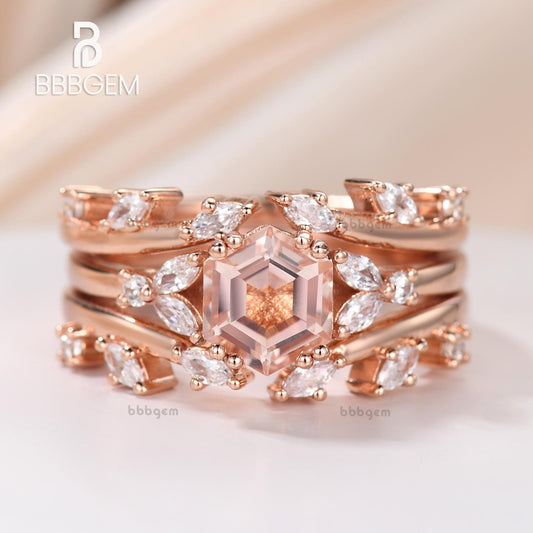 Flower Hexagon Cut Morganite Engagement Ring Set Unique Marquise Leaf Open Diamond Wedding Band