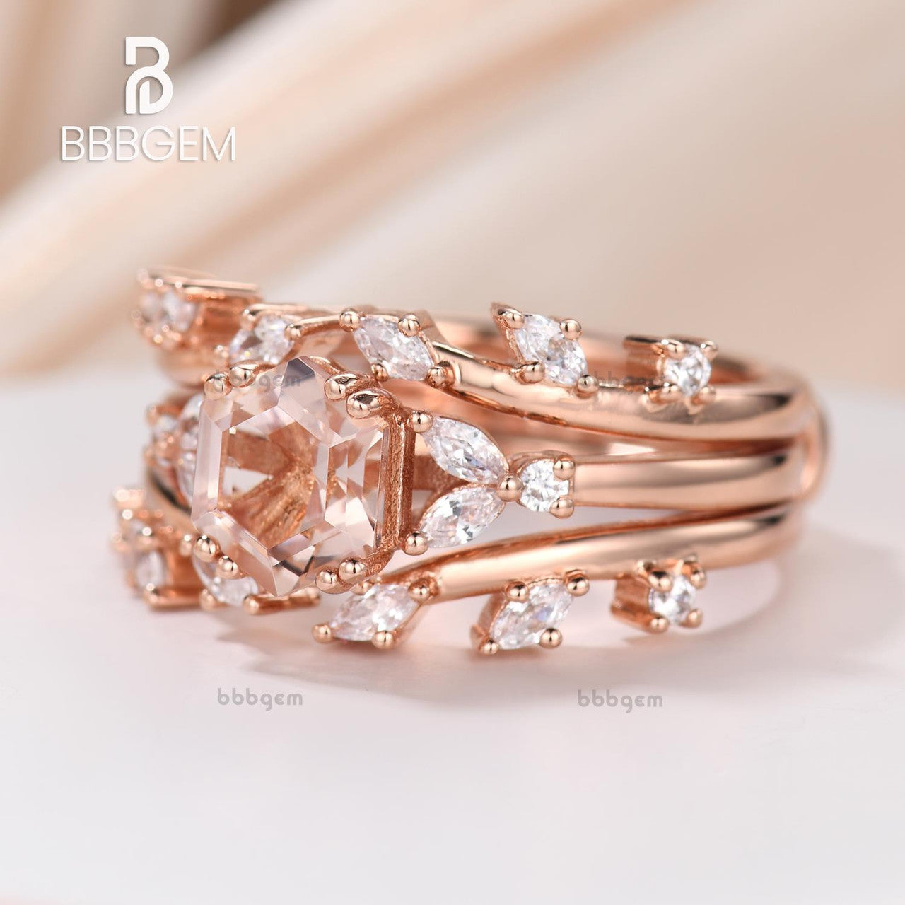 Flower Hexagon Cut Morganite Engagement Ring Set Unique Marquise Leaf Open Diamond Wedding Band